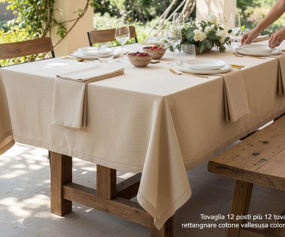 Tovaglia 12 posti più 12 tovaglioli in cotone colore sabbia vallesusa modello Lia