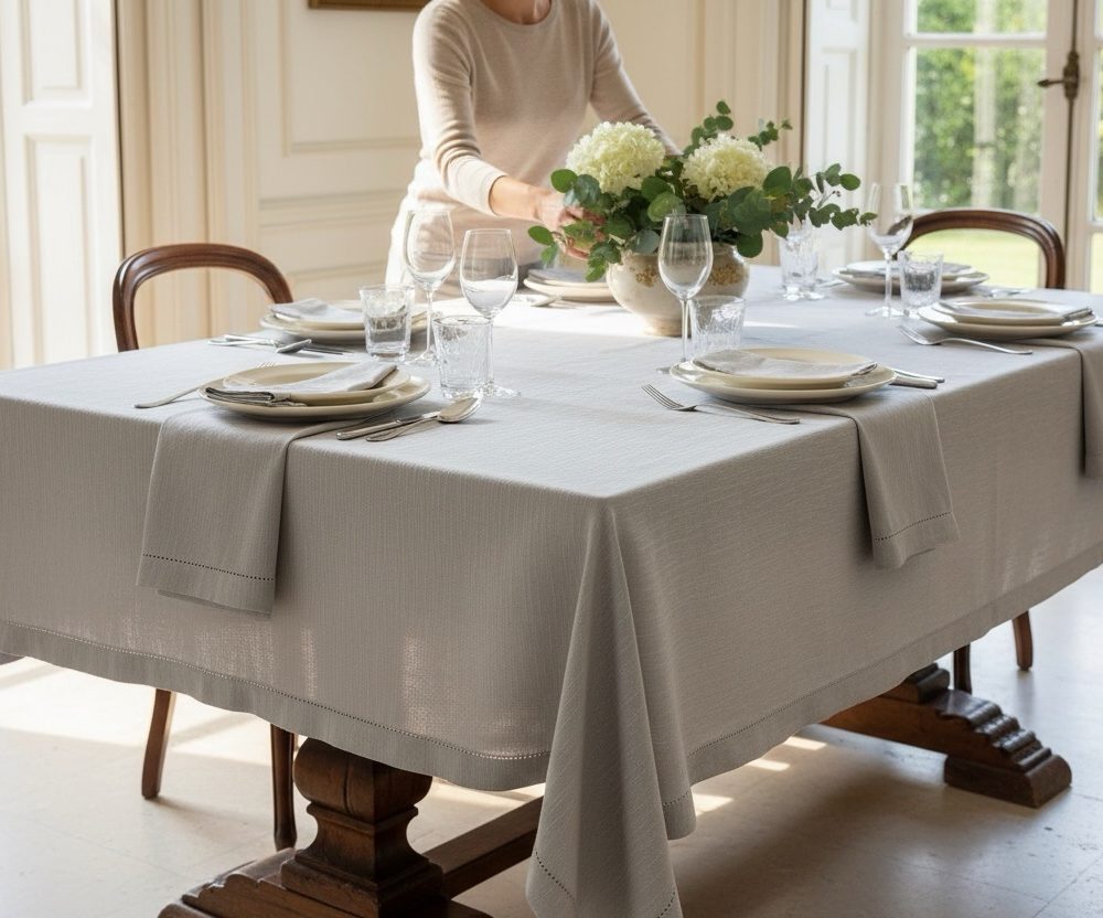 Tovaglia Vallesusa 12 posti + 12 tovaglioli rettangolare 160x270 Ostrica