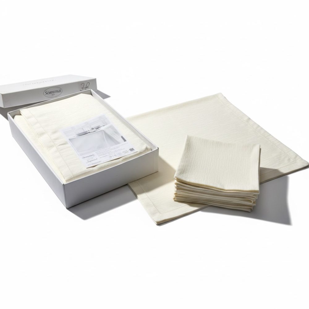 Tovaglia Somma Tea 12 posti + 12 tovaglioli, rettangolare, Avena