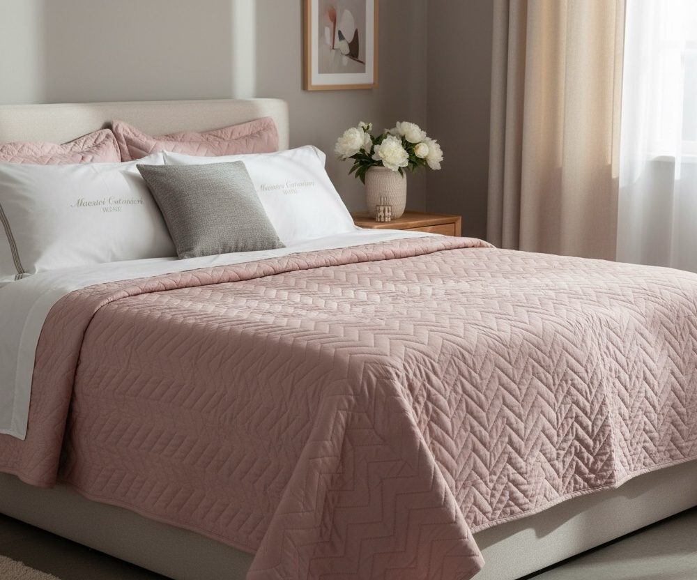 Copriletto trapuntato matrimoniale maestri cotonieri home raso cotone rosa antico