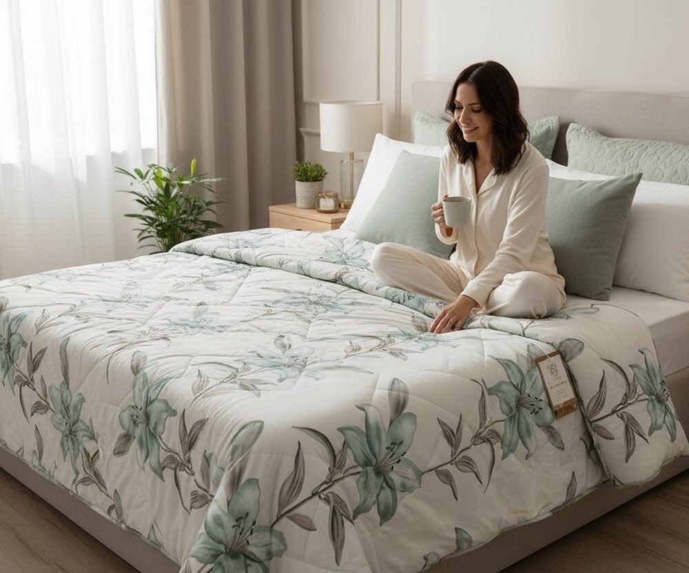 Copriletto trapuntato maestri cotonieri home 2pz raso cotone verde Tiffany e bianco