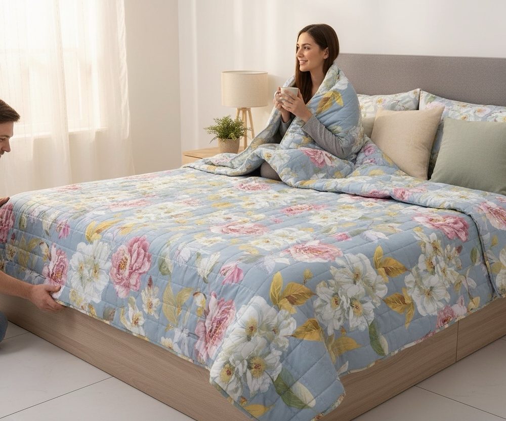 Copriletto trapuntato 2 piazze gabel profumo di lavanda stampa digitale peoni variante antico