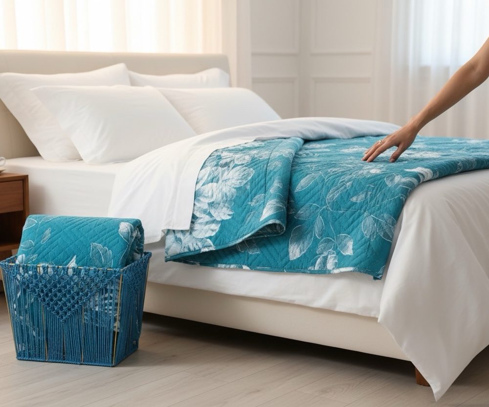 Trapuntino matrimoniale Maxim Verde acqua + cestino