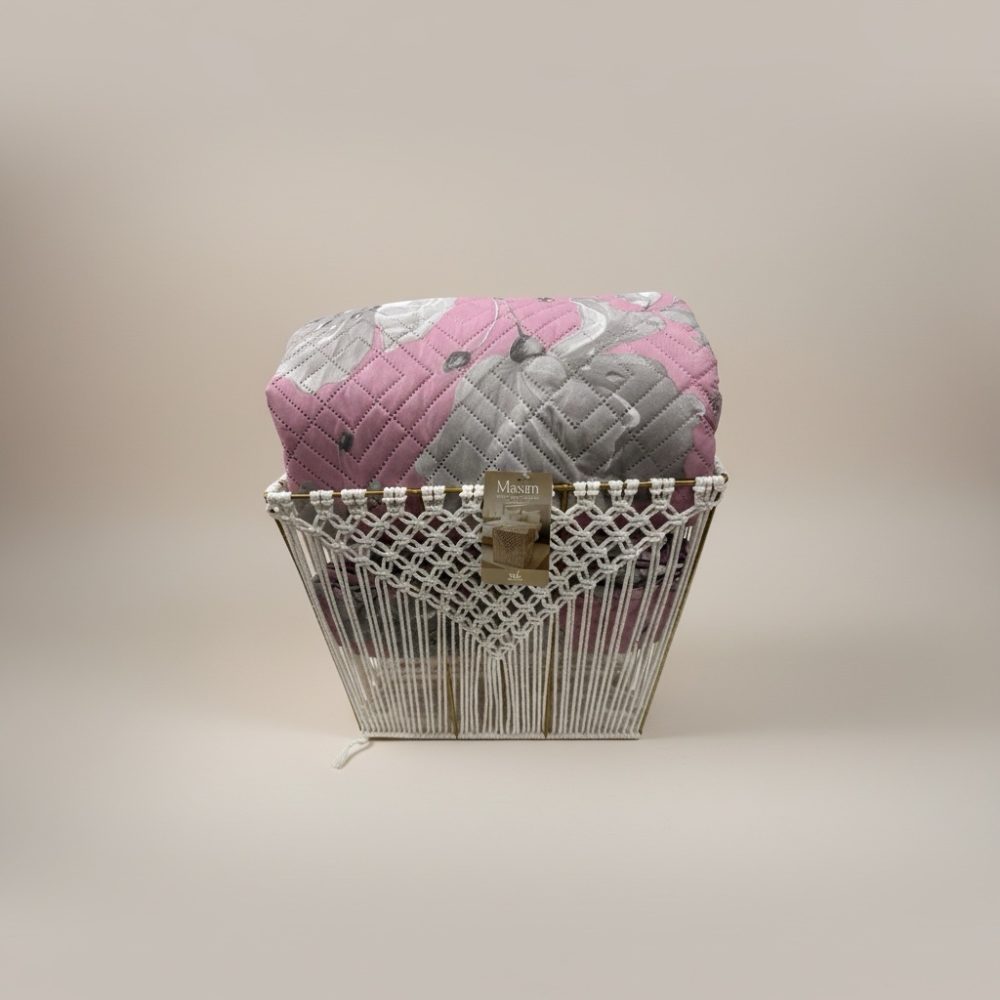 Trapuntino matrimoniale Maxim Rosa e grigio + cestino